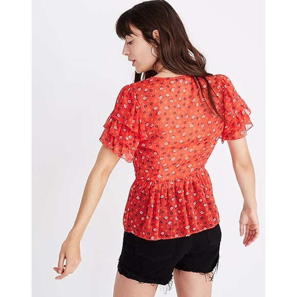 Madewell Tiered-Sleeve Peplum Top In Metallic Prairie Posies Red Floral Print 0 - Picture 2 of 9